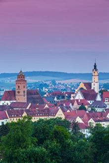 Elevated view over Old Town illuminated at Dawn, Donauworth, Swabia, Bavaria, Germany Elevated view over Old Town illuminated at Dawn, Donauworth, Swabia, Bavaria, Germany
