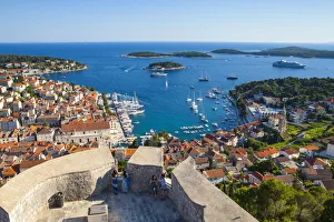 Elevated view over the picturesque harbour town of Hvar from the Citadel, Hvar Town Elevated view over the picturesque harbour town of Hvar from the Citadel, Hvar Town