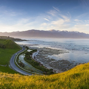 Elevated view over picturesque Kaikoura peninsula illuminated at sunset, Kaikoura Elevated view over picturesque Kaikoura peninsula illuminated at sunset, Kaikoura