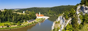 Elevated view over Weltenburg Abbey & The River Danube, Lower Bavaria, Bavaria, Germany Elevated view over Weltenburg Abbey & The River Danube, Lower Bavaria, Bavaria, Germany
