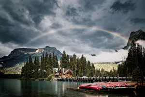 Emerald Lake in the Canadian Rockies, British Columbia, Canada. Canoa at sunset Emerald Lake in the Canadian Rockies, British Columbia, Canada. Canoa at sunset