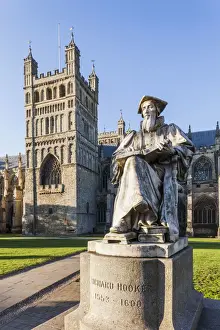 South West England Landmarks Prints: England, Devon, Exeter, Exeter Cathedral and Statue of Richard Hooker