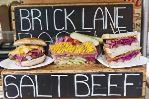 England, London, Shoreditch, Brick Lane, Street Food Stall Display of Salt Beef Sandwiches England, London, Shoreditch, Brick Lane, Street Food Stall Display of Salt Beef Sandwiches