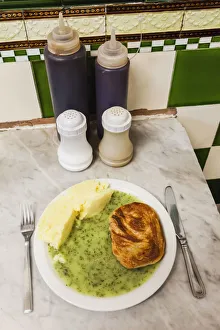 England, London, Southwark, Manze Pie and Mash Shop, Plate of Pie and Mash and Liquor England, London, Southwark, Manze Pie and Mash Shop, Plate of Pie and Mash and Liquor