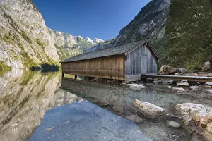 Europe, Germany, Bavaria, Berchtesgaden. Boat dock hangar on Obersee alpine lake in Europe, Germany, Bavaria, Berchtesgaden. Boat dock hangar on Obersee alpine lake in