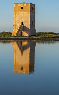 Europe, Italy, Sicily. In the saline of Trapani. The old tower Torre Nubia Europe, Italy, Sicily. In the saline of Trapani. The old tower Torre Nubia