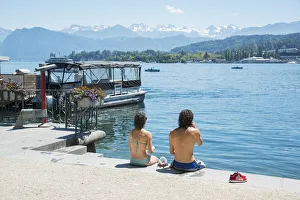 Europe, Switzerland, Lucerne, couple on the lakefront Europe, Switzerland, Lucerne, couple on the lakefront