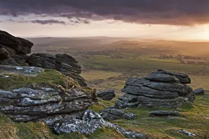 Adam Burton AWL Images Prints: Evening sunlight over Devon countryside, viewed from Arms Tor, Dartmoor, Devon, England