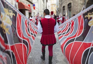 Flag bearer in medieval festival of La Quintana, Ascoli Piceno, Le Marche, Italy Flag bearer in medieval festival of La Quintana, Ascoli Piceno, Le Marche, Italy
