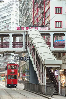 Footbridge and tram, North Point, Hong Kong Island, Hong Kong Footbridge and tram, North Point, Hong Kong Island, Hong Kong