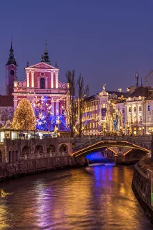 Franciscan Church of the Annunciation and Triple Bridge or Tromostovje adorned with Franciscan Church of the Annunciation and Triple Bridge or Tromostovje adorned with