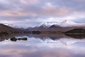 Frozen Lochan na h-Achlaise and snow covered Black Mount mountain range, Rannoch Moor, Scotland Frozen Lochan na h-Achlaise and snow covered Black Mount mountain range, Rannoch Moor, Scotland