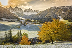 Funes Valley, Trentino Alto Adige, Italy. Dolomites Alps in Autumn, with the first Funes Valley, Trentino Alto Adige, Italy. Dolomites Alps in Autumn, with the first