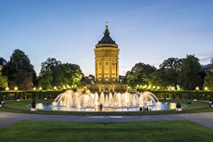 Prints of Germany, Baden-Wurttemberg, Mannheim. Friedrichsplatz and the Mannheimer Wasserturm, historic water tower built from 1886 to 1889 Mannheim Prints: Mannheim Print: Friedrichsplatz and Mannheimer Wasserturm Water Tower