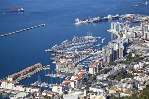 Gibraltar, View from Gibraltar rock of town, Queensway Quay and small boats marina Gibraltar, View from Gibraltar rock of town, Queensway Quay and small boats marina