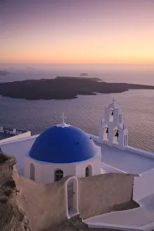 Greece, Cyclades, Santorini, Firostefani, Church and view of Santorini Caldera Greece, Cyclades, Santorini, Firostefani, Church and view of Santorini Caldera