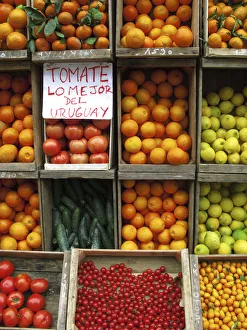A Greengrocers Fruits and Vegetables display , Montevideo Ciudad Vieja district, Uruguay A Greengrocers Fruits and Vegetables display , Montevideo Ciudad Vieja district, Uruguay