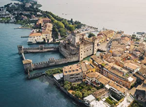 High view of Sirmiones Castle, Brescia province, Garda Lake, Lombardy, Italy High view of Sirmiones Castle, Brescia province, Garda Lake, Lombardy, Italy