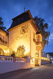 Hotel Ebertor at dusk, Boppard, Rhineland-Palatinate, Germany Hotel Ebertor at dusk, Boppard, Rhineland-Palatinate, Germany