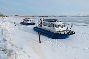 Two hovercrafts on the bank of the lake Baikal, Irkutsk region, Siberia, Russia Two hovercrafts on the bank of the lake Baikal, Irkutsk region, Siberia, Russia