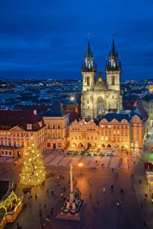 Illuminated Church of Our Lady before Tyn in city at twilight, Old Town of Prague, Prague, Bohemia, Czech Republic Illuminated Church of Our Lady before Tyn in city at twilight, Old Town of Prague, Prague, Bohemia, Czech Republic