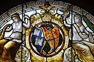 Ireland, Dublin, Kildare Street, The National Library of Ireland, stained glass detail in the grand staircase Ireland, Dublin, Kildare Street, The National Library of Ireland, stained glass detail in the grand staircase