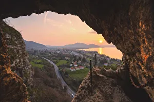 Iseo seen from a cave at sunset, Iseo lake, Lombardy district, Brescia province, Italy
