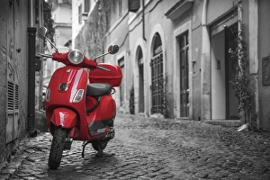 Italy, Lazio, Rome, Trastevere, Red Vespa Italy, Lazio, Rome, Trastevere, Red Vespa
