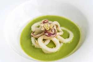 italy, Liguria. Seafood dinner with octopus on pea cream italy, Liguria. Seafood dinner with octopus on pea cream