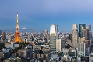 Japan, Tokyo, elevated night view of the city skyline and iconic illuminated Tokyo Tower Japan, Tokyo, elevated night view of the city skyline and iconic illuminated Tokyo Tower