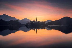 Lake Bled at twilight in spring, Slovenia Lake Bled at twilight in spring, Slovenia