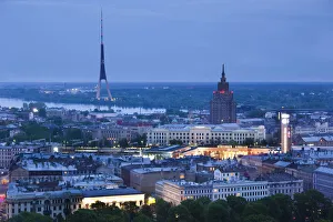 Prints of Latvia, Riga, elevated view of Old Riga, Vecriga, evening River Prints: Elevated View of Old Riga Print, Evening Latvia