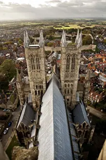 Prints of Lincoln, England. The roof of Lincoln cathedral soars high above the city Lincoln Prints: Lincoln Cathedral Print: Majestic Roofline Over the City