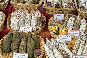 Local sausages or saucisson on sale at the market, Saint-Remy-de-Provence, Provence Local sausages or saucisson on sale at the market, Saint-Remy-de-Provence, Provence