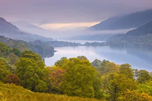 Loch Doine and Loch Voil on a misty autumn morning, Balquhidder Valley, Loch Lomond Loch Doine and Loch Voil on a misty autumn morning, Balquhidder Valley, Loch Lomond