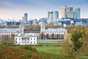 Prints of England, London, Greenwhich, Royal Greenwich Park, National Maritime Musuem, and Canary Wharf in Autumn Town Prints: Autumn Print of Royal Greenwich Park and Canary Wharf, London