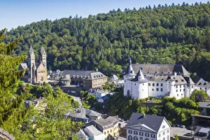 Prints of Luxembourg, Clervaux, View of Clervaux, looking towards Clervaux Castle and the Parish Church of Clervaux also known as Church of Saints Cosma and Damien Castle Prints: Luxembourg, Clervaux Castle and Parish Church Print