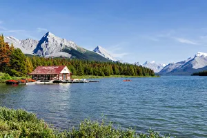 Maligne Lake Boat House with canoa and blue sky, Jasper National Park, Alberta, Canada Maligne Lake Boat House with canoa and blue sky, Jasper National Park, Alberta, Canada