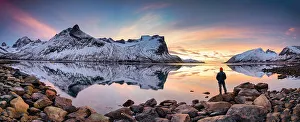 Norway Scenic Views Prints: Man Looking at Bergsbotn Reflections at Sunset, Senja, Norway