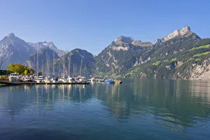 Marina at Sisikon with Lake Lucerne and Urner Alps, canton Uri, Switzerland Marina at Sisikon with Lake Lucerne and Urner Alps, canton Uri, Switzerland