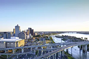 Memphis, Tennessee, Downtown, Mississippi River, Interstate 40 Crosses The River Into Memphis, Tennessee, Downtown, Mississippi River, Interstate 40 Crosses The River Into
