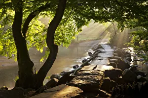 Misty Summer morning by Tarr Steps clapper bridge, Exmoor National Park, Somerset Misty Summer morning by Tarr Steps clapper bridge, Exmoor National Park, Somerset