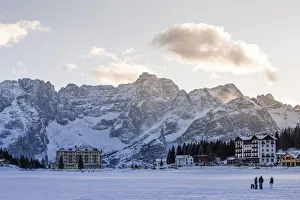 Misurina frozen lake, snowy landscape, Dolomites Alps, Italy Misurina frozen lake, snowy landscape, Dolomites Alps, Italy