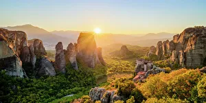 Meteora Greece Prints: Monastery of Rousanou at sunset, elevated view, Meteora, Thessaly, Greece