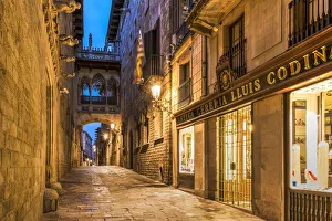 Night view of Carrer del Bisbe street with the picturesque Pont del Bisbe bridge Night view of Carrer del Bisbe street with the picturesque Pont del Bisbe bridge