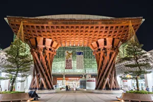 Night view of huge wooden gate marking the entrance to Kanazawa JR Station Building Night view of huge wooden gate marking the entrance to Kanazawa JR Station Building