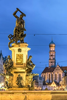 Night view of Maximilianstrasse with St Ulrich church in the background, Augsburg Night view of Maximilianstrasse with St Ulrich church in the background, Augsburg