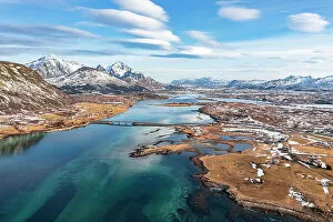 Norway Collection: Overhead turquoise sea surrounding Leknes, Nordland county, Lofoten Islands, Norway