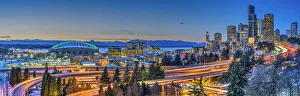 Panoramic view over Downtown skyline with Interstate 5 at twilight, Seattle, Washington, USA Panoramic view over Downtown skyline with Interstate 5 at twilight, Seattle, Washington, USA