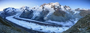 Panoramic view of Mount Rosa Massif and its glacier at dusk Zermatt Pennine Alps Panoramic view of Mount Rosa Massif and its glacier at dusk Zermatt Pennine Alps